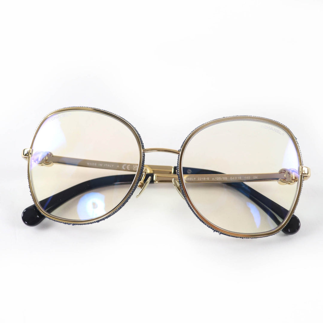 未使用品☆CHANEL シャネル 2218-S ココマーク ラウンド シェイプ デニム メガネ 眼鏡 アイウェア ゴールド ネイビー 54□18 140 伊製
