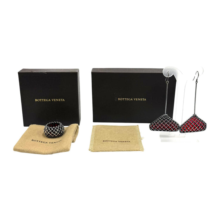 美品★BOTTEGAVENETA ボッテガヴェネタ 925 ピアス リング セット シルバー レッド JP9号 イタリア製 重量22.7g レディース 箱・保存袋付