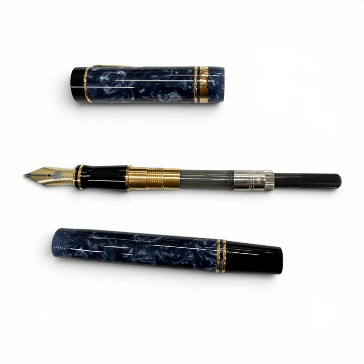 美品▼PARKER パーカー デュオフォールド センテニアル ペン先18K Fニブ 万年筆 マーブルブルー ブラック ゴールド UK製 メンズ
