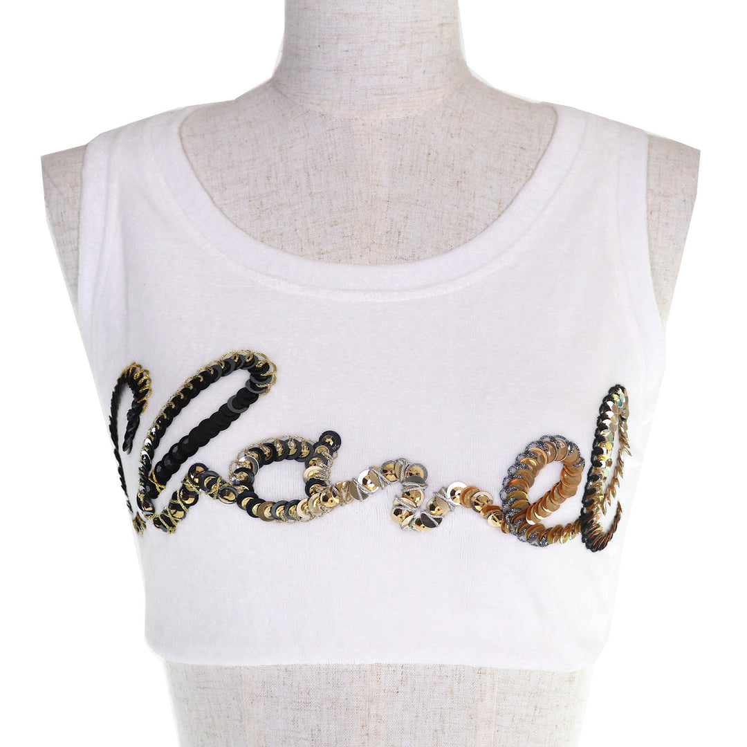極美品△CHANEL シャネル P72665V64316 コットン ロゴ スパンコール パイル地 クロップド タンクトップ ホワイト 36 イタリア製 正規品