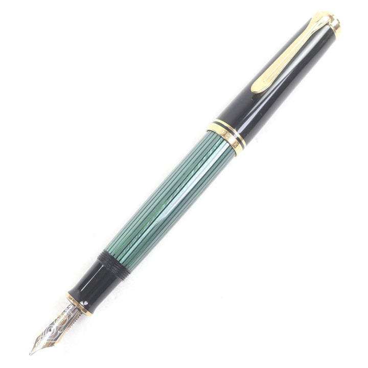 極美品□PERIKAN ペリカン M600 スーベレーン ペン先14C Mニブ 万年筆 ブラック グリーンストライプ 箱・ケース付き ドイツ製 メンズ