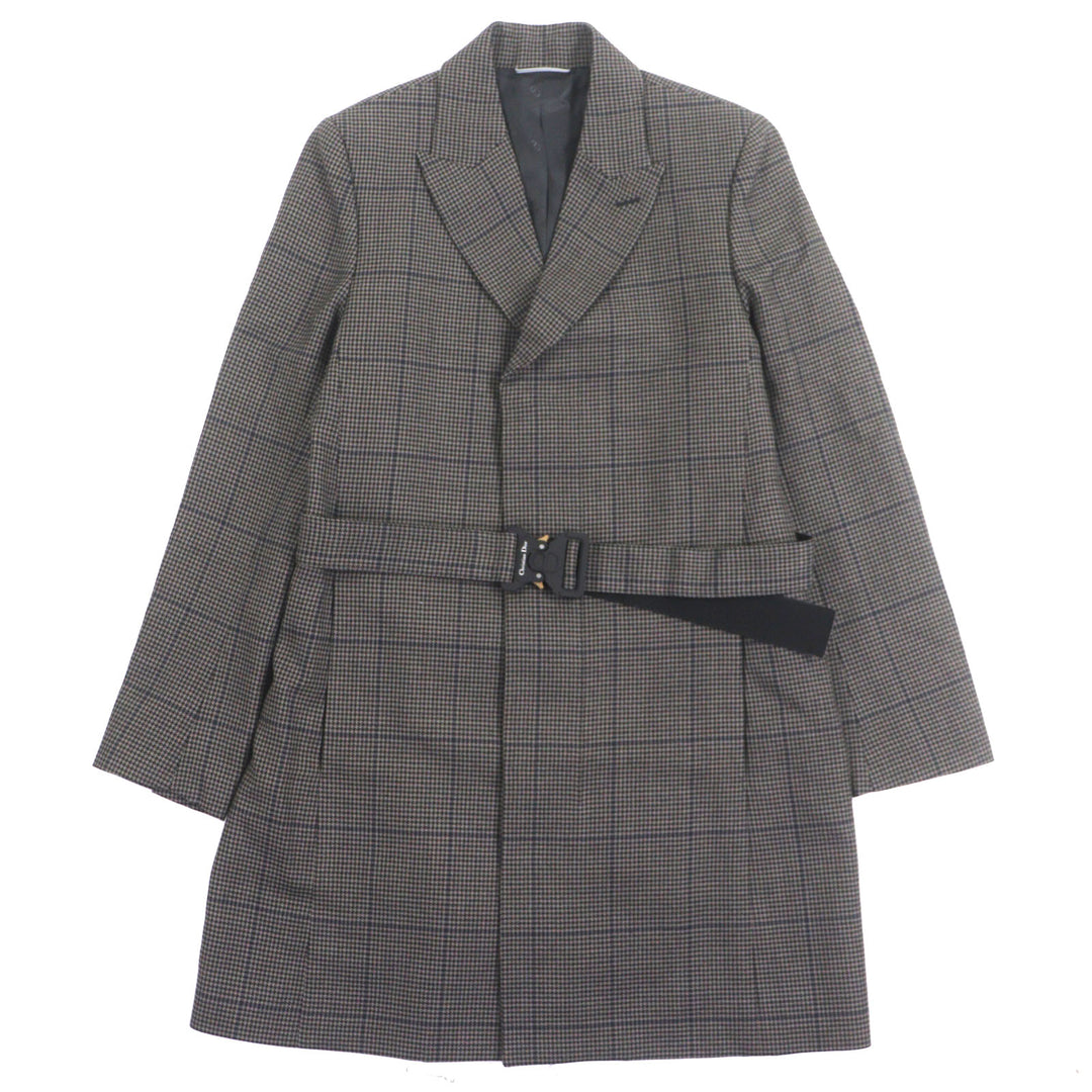 極美品▼DIOR ディオール オム 293C381B5637 ウール100% 千鳥格子柄 CDバックル ベルト付 比翼仕立て コート ブラウン 46 正規品 メンズ