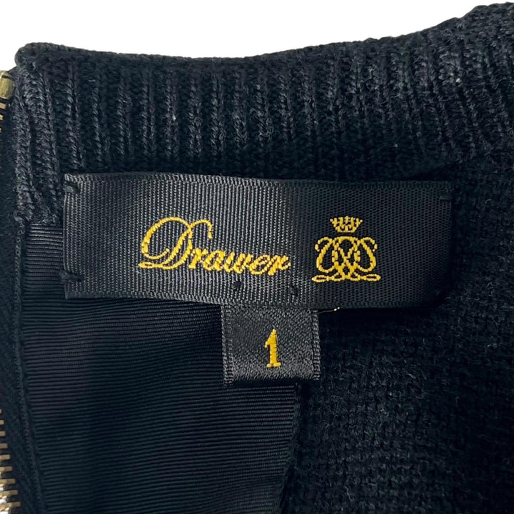 美品▲DRAWER ドゥロワー ウール100% バックジップ ロングスリーブ ニット ワンピース ブラック 1 日本製 正規品 レディース