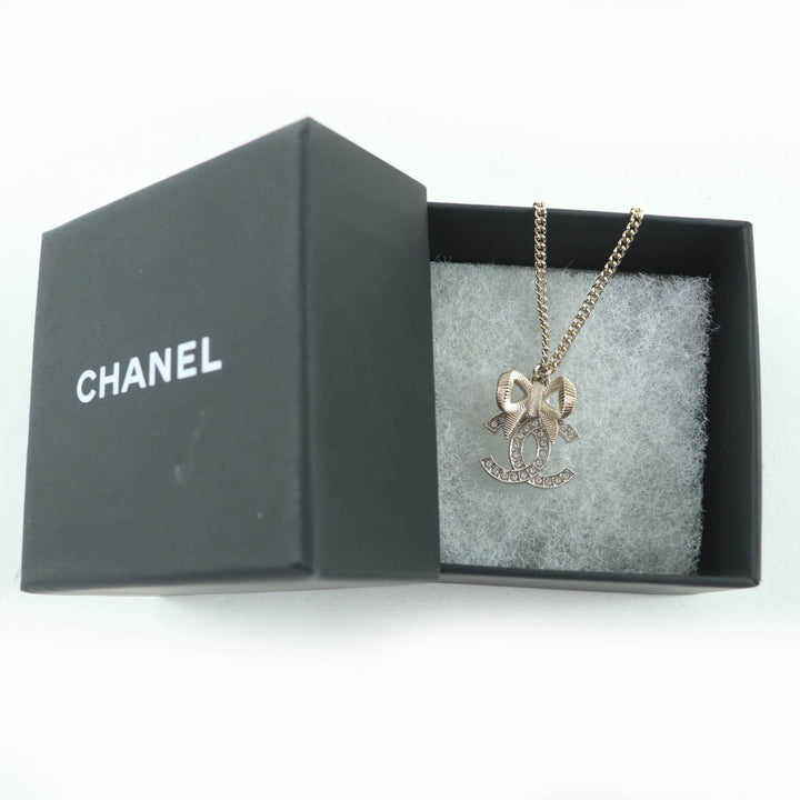 極美品☆CHANEL シャネル B24K ココマーク リボン ラインストーン ネックレス シャンパンゴールド 箱付き イタリア製 レディース