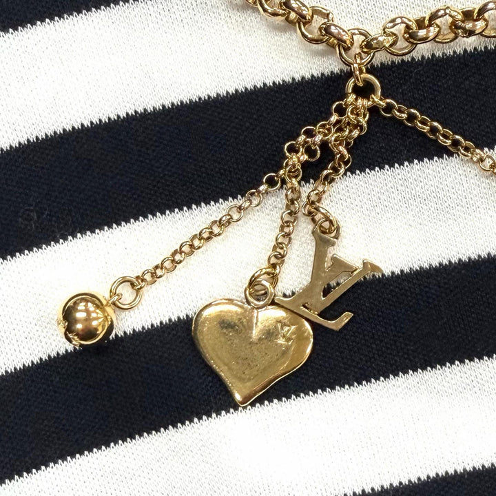 美品★LOUIS VUITTON ルイヴィトン コットン100％ ボーダー チェーン装飾 クルーネック 七分袖 カットソー トップス 白 黒 S 正規品