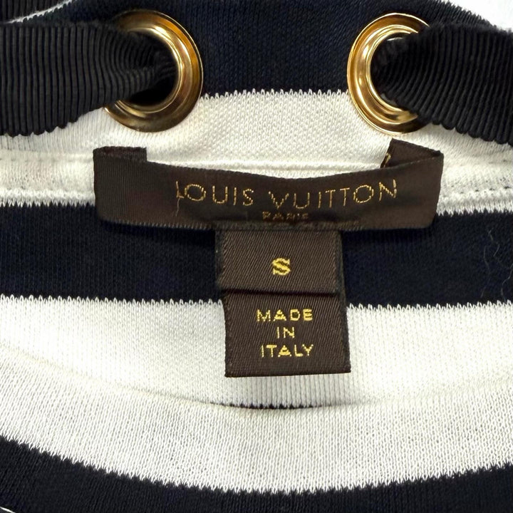 美品★LOUIS VUITTON ルイヴィトン コットン100％ ボーダー チェーン装飾 クルーネック 七分袖 カットソー トップス 白 黒 S 正規品