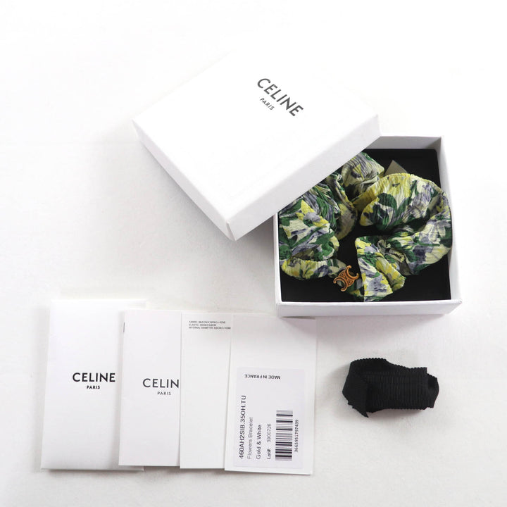 美品★CELINE セリーヌ 460AH2SIB シルク100％ トリオンフ シュシュ 花柄 ヘアアクセサリー グリーン イエロー 箱付き フランス製
