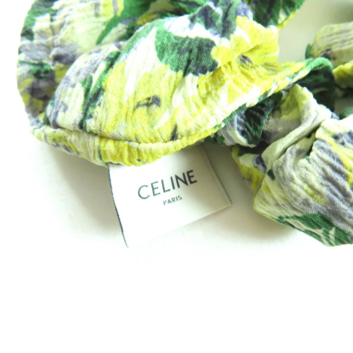 美品★CELINE セリーヌ 460AH2SIB シルク100％ トリオンフ シュシュ 花柄 ヘアアクセサリー グリーン イエロー 箱付き フランス製