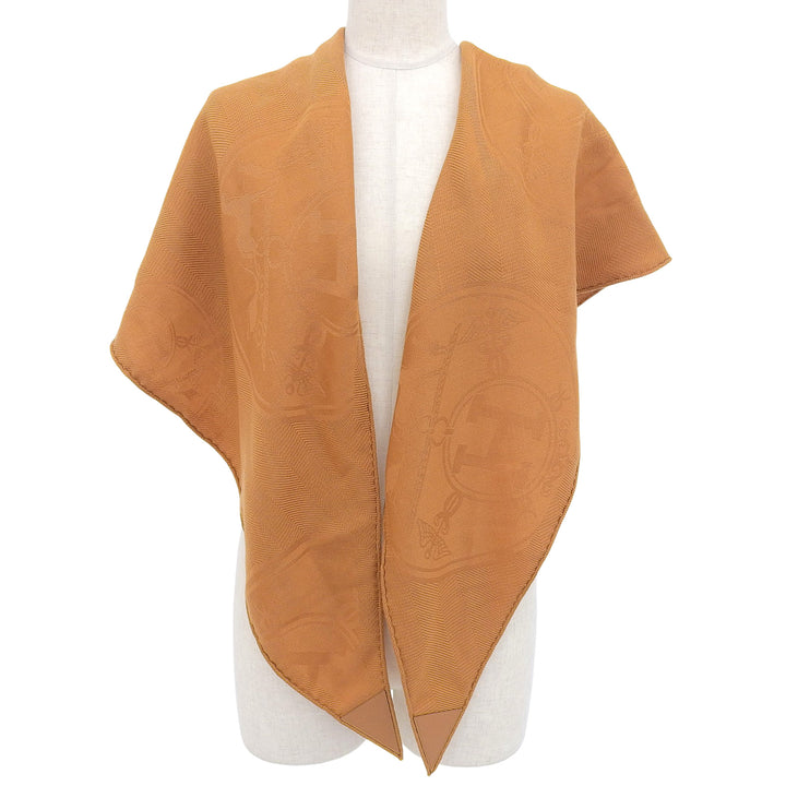 極美品▲HERMES エルメス ロザンジュ GM ニューリブリス カシミヤ シルク レザーヨーク ロゴパッチ付き ストール ブラウン系 仏製 正規品