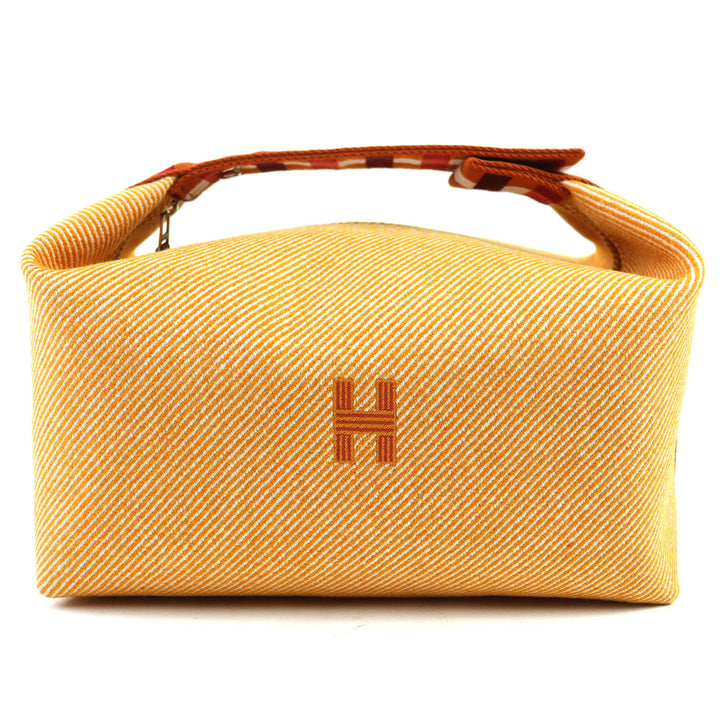 未使用△HERMES エルメス ブリッド ア ブラック GM オ カレ ウール100％ セリエボタン Hロゴ ポーチ ハンドバッグ オレンジ シルバー金具