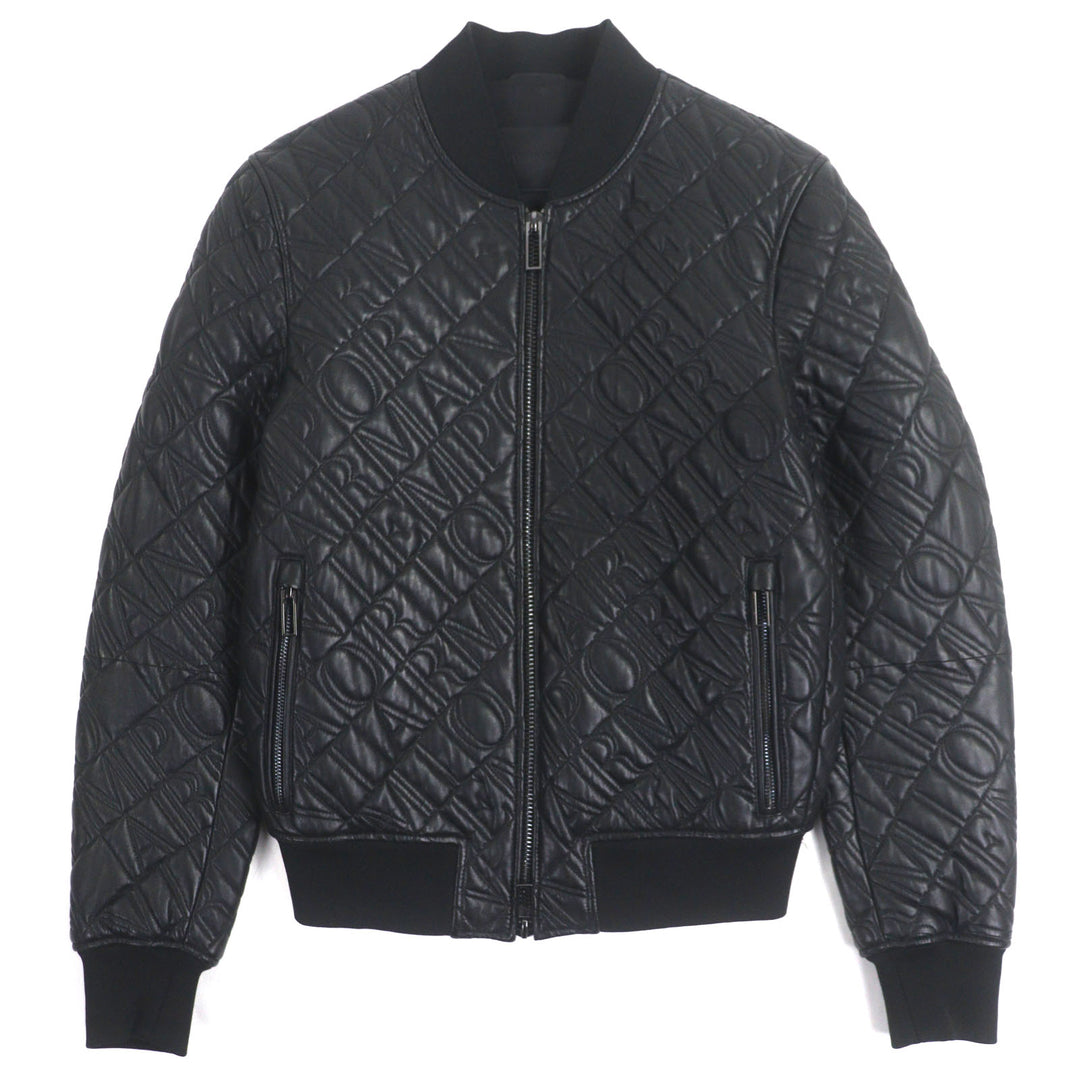 極美品▼EMPORIO ARMANI エンポリオ アルマーニ 黒タグ ロゴ総柄エンボス加工 WZIPUP ラムレザージャケット ブルゾン 44 正規品　メンズ