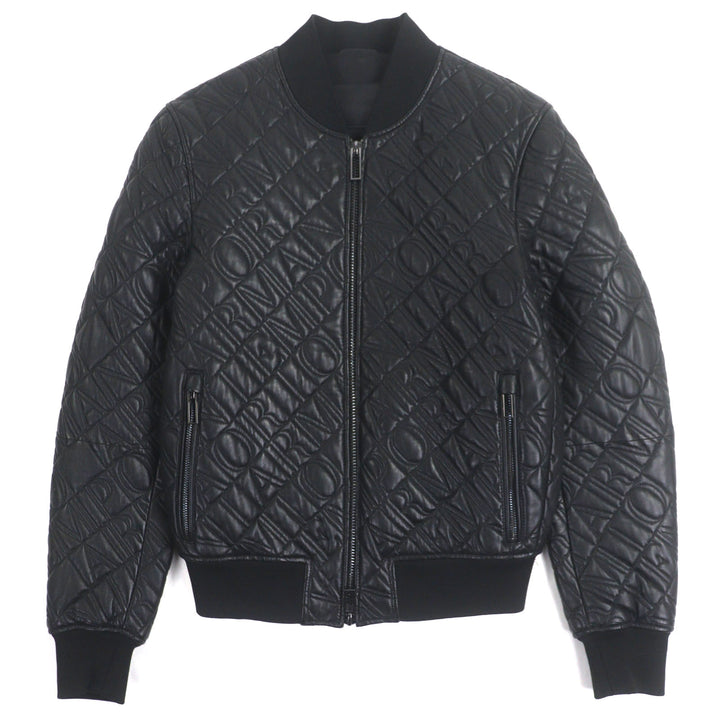 極美品▼EMPORIO ARMANI エンポリオ アルマーニ 黒タグ ロゴ総柄エンボス加工 WZIPUP ラムレザージャケット ブルゾン 44 正規品　メンズ