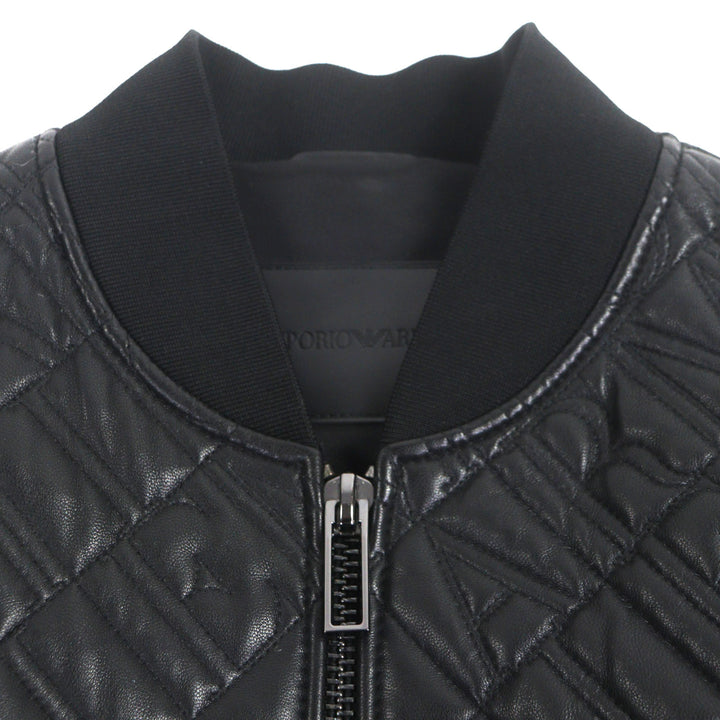 極美品▼EMPORIO ARMANI エンポリオ アルマーニ 黒タグ ロゴ総柄エンボス加工 WZIPUP ラムレザージャケット ブルゾン 44 正規品　メンズ