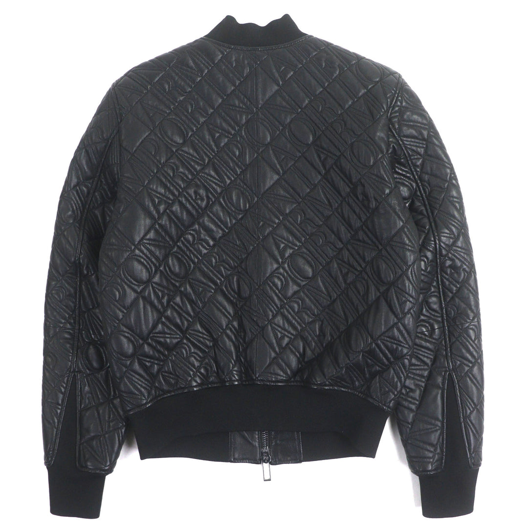 極美品▼EMPORIO ARMANI エンポリオ アルマーニ 黒タグ ロゴ総柄エンボス加工 WZIPUP ラムレザージャケット ブルゾン 44 正規品　メンズ