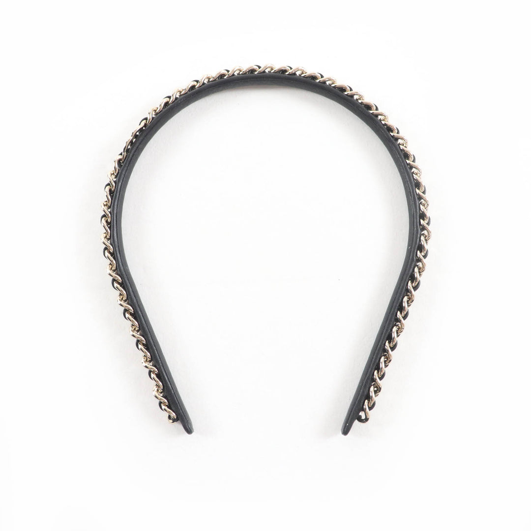 極美品★CHANEL シャネル B22S ココマーク金具付 チェーン装飾 レザー カチューシャ ヘアアクセサリー ブラック ゴールド イタリア製
