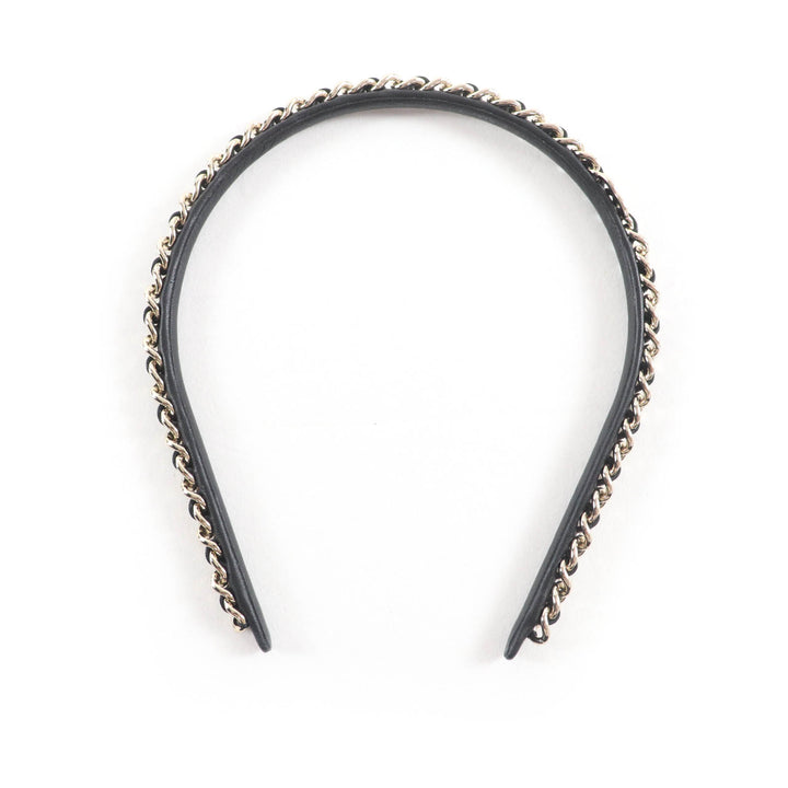 極美品★CHANEL シャネル B22S ココマーク金具付 チェーン装飾 レザー カチューシャ ヘアアクセサリー ブラック ゴールド イタリア製