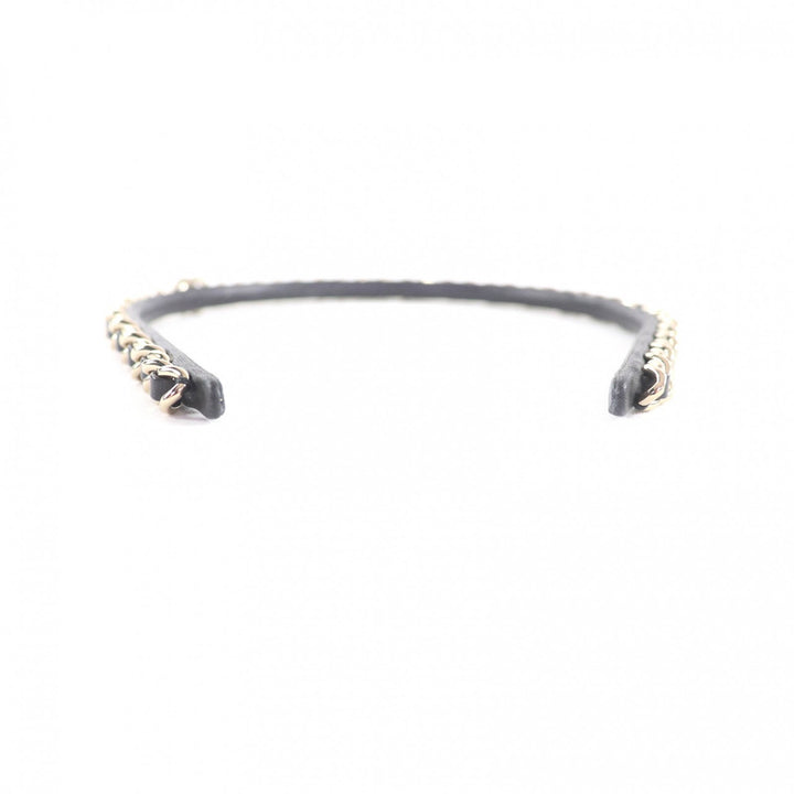 極美品★CHANEL シャネル B22S ココマーク金具付 チェーン装飾 レザー カチューシャ ヘアアクセサリー ブラック ゴールド イタリア製