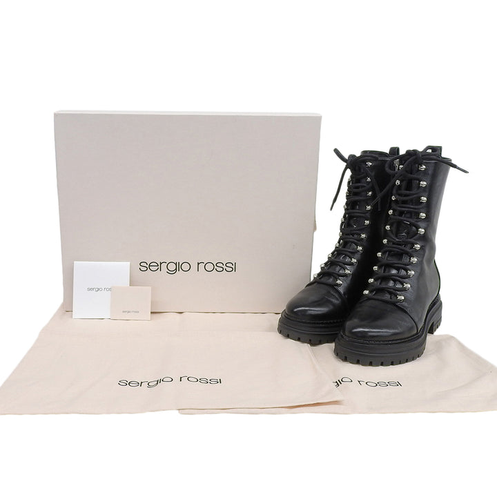 美品▲Sergio Rossi セルジオロッシ 92020 SR JOAN レースアップ ミドル丈 レザー ブーツ ブラック 36.5 箱・保存袋付き 伊製 レディース