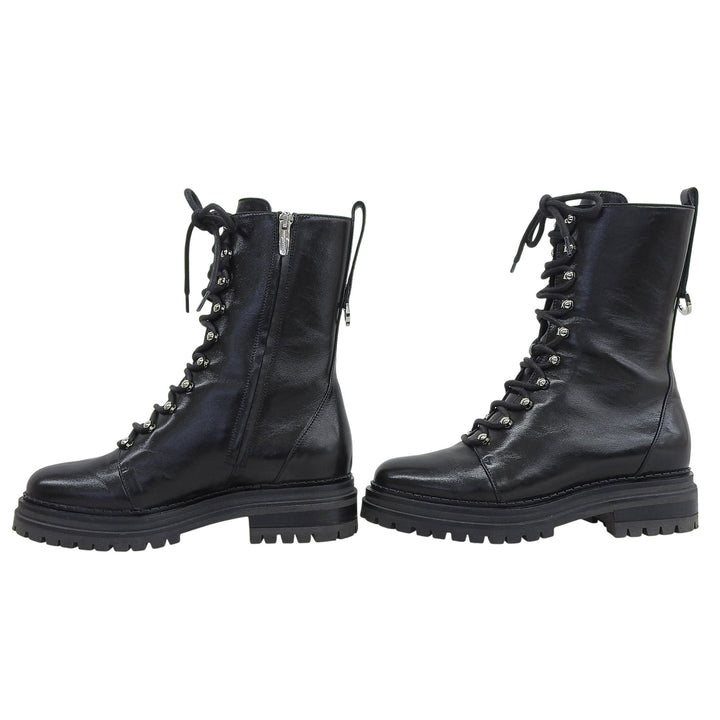 美品▲Sergio Rossi セルジオロッシ 92020 SR JOAN レースアップ ミドル丈 レザー ブーツ ブラック 36.5 箱・保存袋付き 伊製 レディース