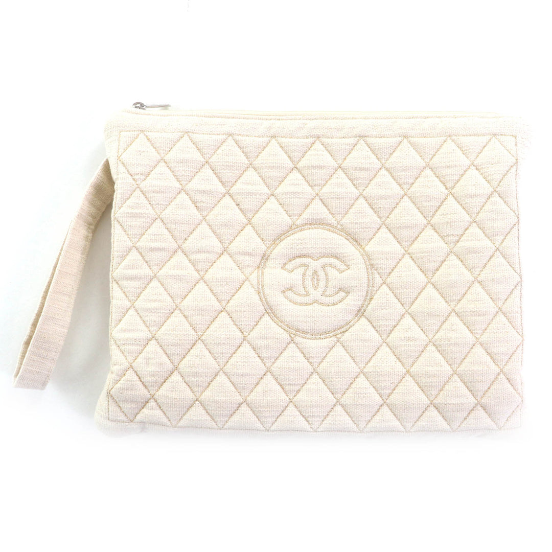 極美品◇CHANEL シャネル コットン ココマーク刺繍 フリンジ・ポーチ付 ラグ ビーチマット アイボリー 200×100cm イタリア製 レディース