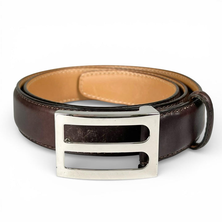 美品▲BERLUTI ベルルッティ Bロゴバックル レザーベルト ダークブラウン シルバー 85.34 イタリア製 メンズ