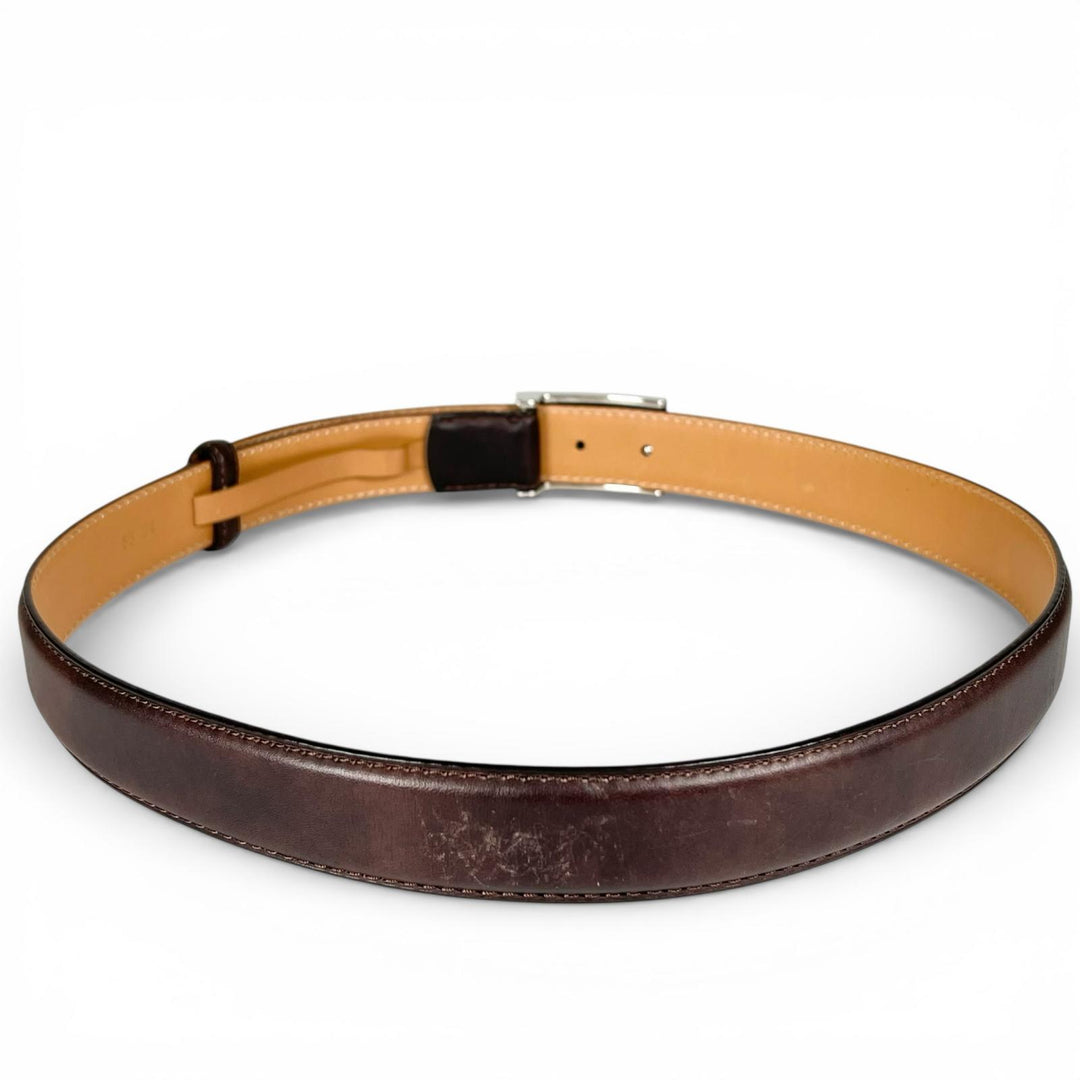 美品▲BERLUTI ベルルッティ Bロゴバックル レザーベルト ダークブラウン シルバー 85.34 イタリア製 メンズ