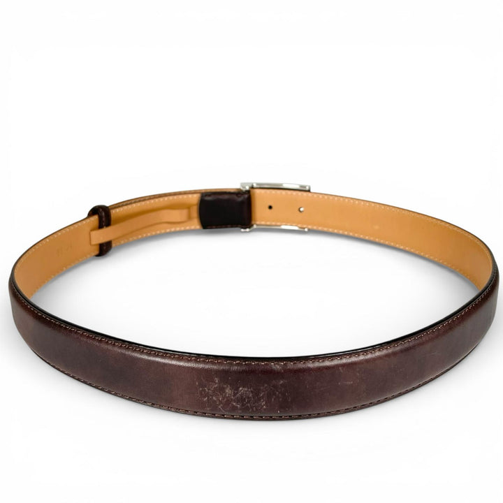 美品▲BERLUTI ベルルッティ Bロゴバックル レザーベルト ダークブラウン シルバー 85.34 イタリア製 メンズ