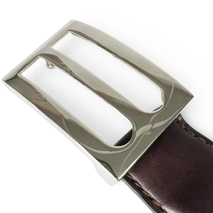 美品▲BERLUTI ベルルッティ Bロゴバックル レザーベルト ダークブラウン シルバー 85.34 イタリア製 メンズ