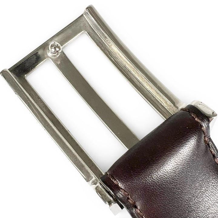 美品▲BERLUTI ベルルッティ Bロゴバックル レザーベルト ダークブラウン シルバー 85.34 イタリア製 メンズ