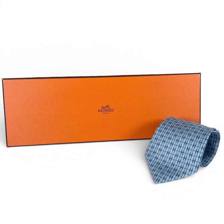未使用品▲HERMES エルメス 5266SA シルク100％ Hモチーフ ネクタイ ブルー 箱付き フランス製 正規品 メンズ