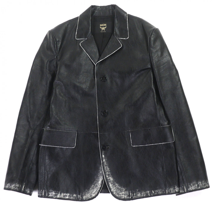 極美品▼MCM エム・シー・エム ラムレザー Cyberpunk Blazer ダメージ加工 シングルジャケット テーラード ブラック L イタリア製 メンズ