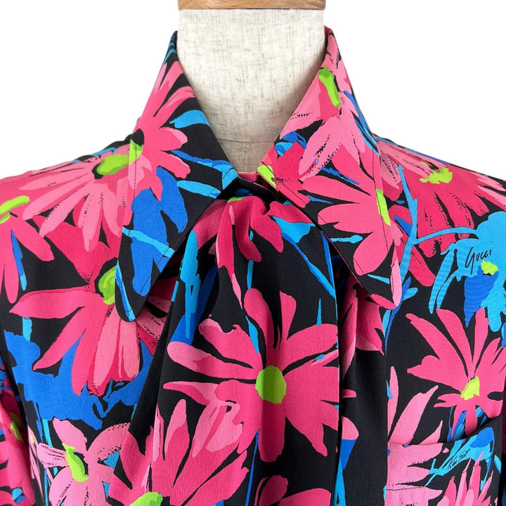 美品▲GUCCI グッチ 21SS 643269 Ken Scott シルク100％ フローラル柄 ボウタイ ブラウス マルチカラー 36 イタリア製 正規品 レディース