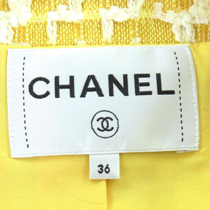 極美品△CHANEL シャネル 18S P58787 コットン ウール ココマーククリアボタン ツイード ノーカラージャケット イエロー系 36 仏製 正規品
