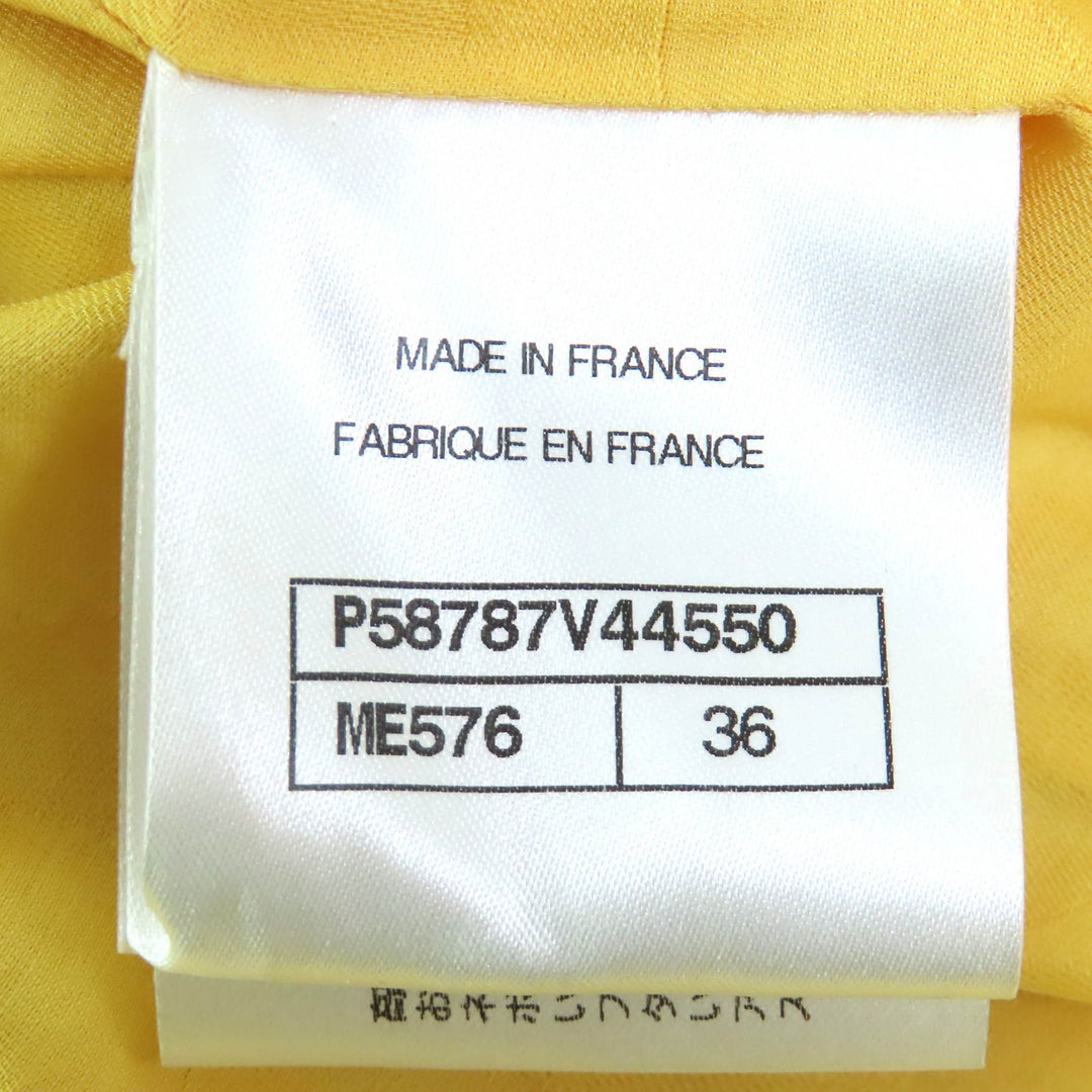 極美品△CHANEL シャネル 18S P58787 コットン ウール ココマーククリアボタン ツイード ノーカラージャケット イエロー系 36 仏製 正規品