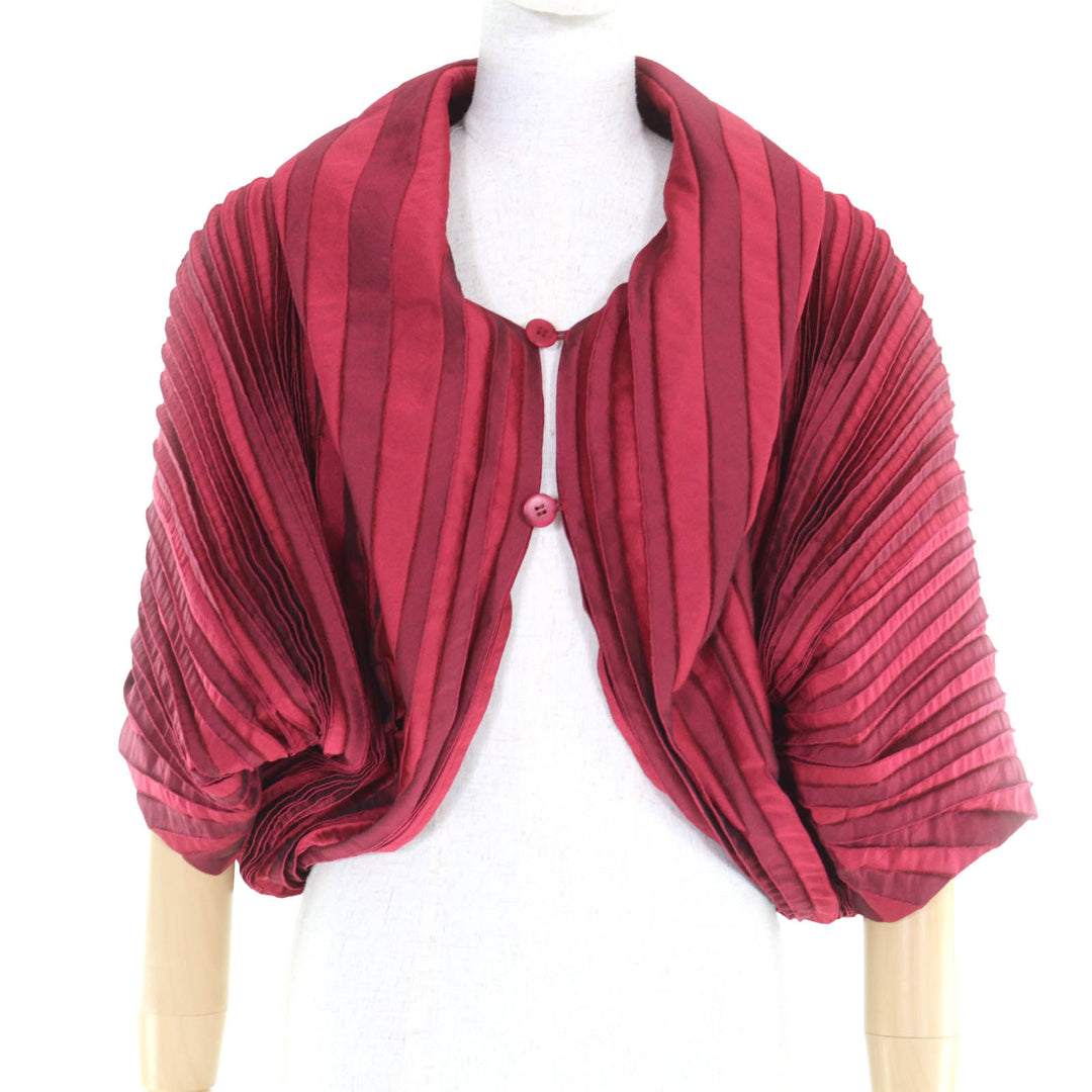 極美品◇ISSEY MIYAKE イッセイミヤケ 3Dスチーム ストレッチ プリーツ 変型 ボレロ カーディガン レッド系 2 日本製 正規品 レディース