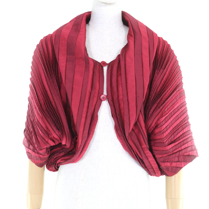 極美品◇ISSEY MIYAKE イッセイミヤケ 3Dスチーム ストレッチ プリーツ 変型 ボレロ カーディガン レッド系 2 日本製 正規品 レディース