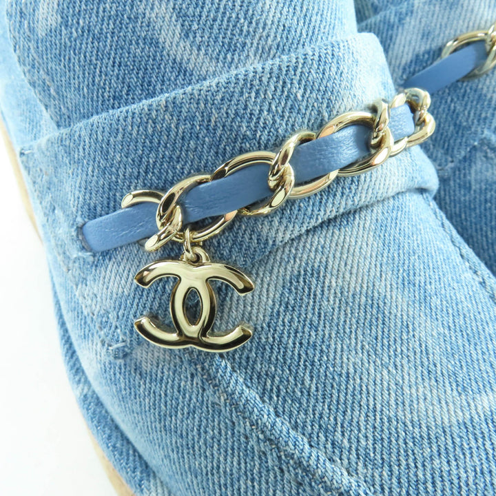 未使用品★CHANEL シャネル 23B G45142 ココマーク金具付 チェーン装飾 デニム ローファー インディゴ 36 箱・保存袋付 伊製 レディース