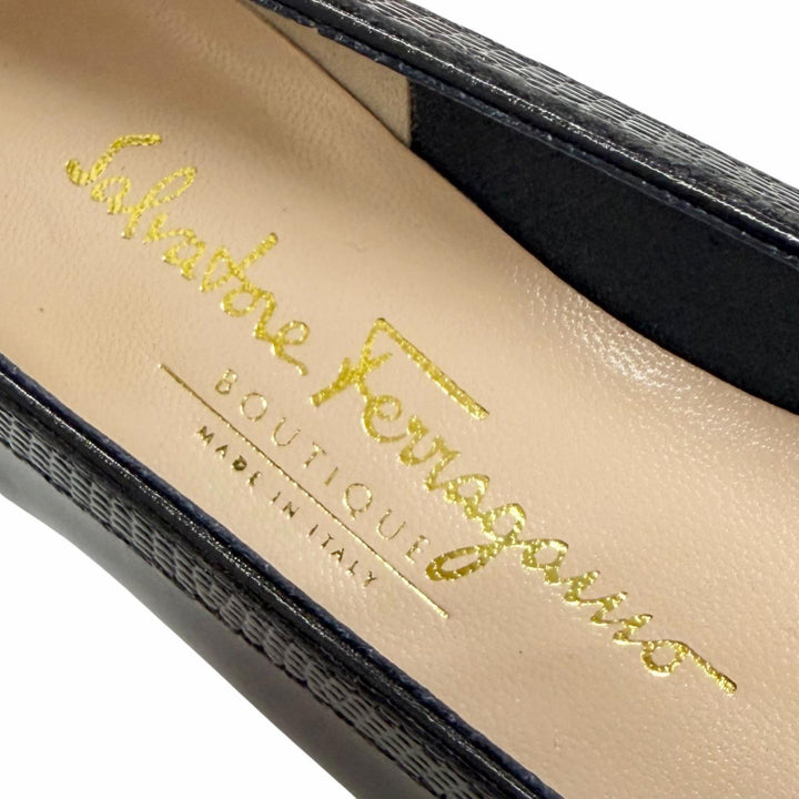 未使用品△Salvatore Ferragamo サルヴァトーレフェラガモ BABY ヴァラリボン リザード型押レザー使い フラットパンプス ネイビー 6 伊製