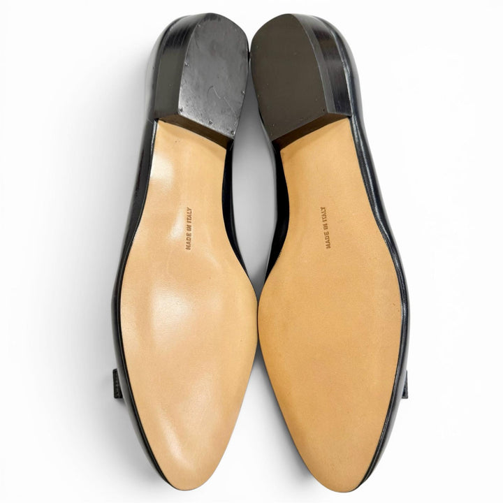 未使用品△Salvatore Ferragamo サルヴァトーレフェラガモ BABY ヴァラリボン リザード型押レザー使い フラットパンプス ネイビー 6 伊製