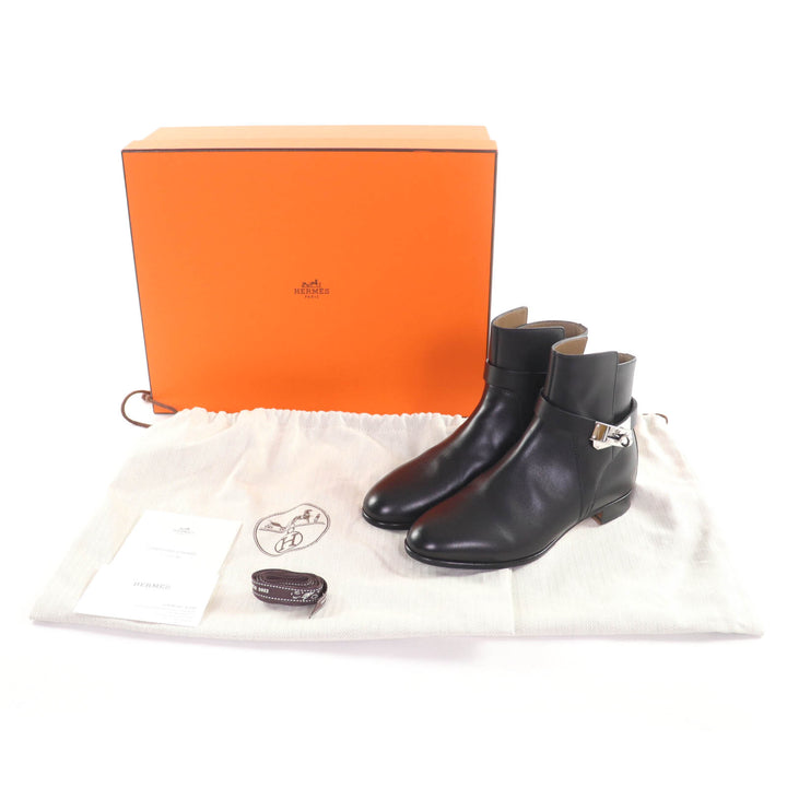 美品★HERMES エルメス ネオ シルバー金具 ケリーバックル レザー ショートブーツ ブラック 34.5 箱・保存袋付き イタリア製 レディース
