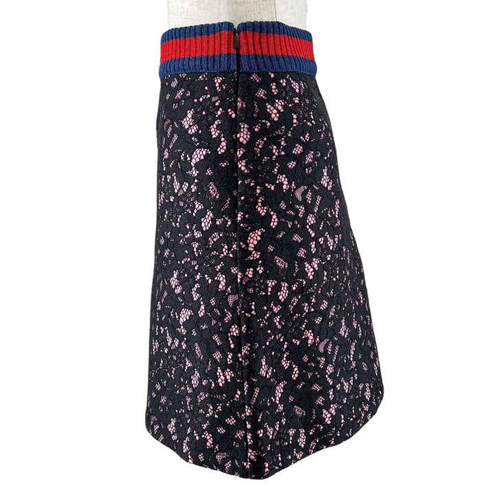 極美品▲GUCCI グッチ 457919 総レース シェリーライン 台形 膝丈 スカート ブラック ピンク S イタリア製 正規品 レディース