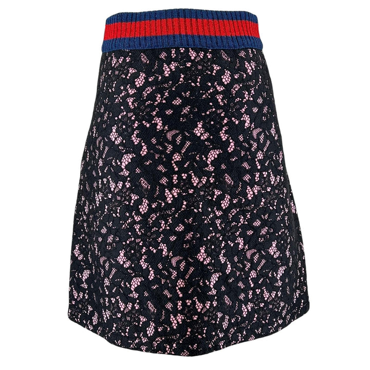 極美品▲GUCCI グッチ 457919 総レース シェリーライン 台形 膝丈 スカート ブラック ピンク S イタリア製 正規品 レディース