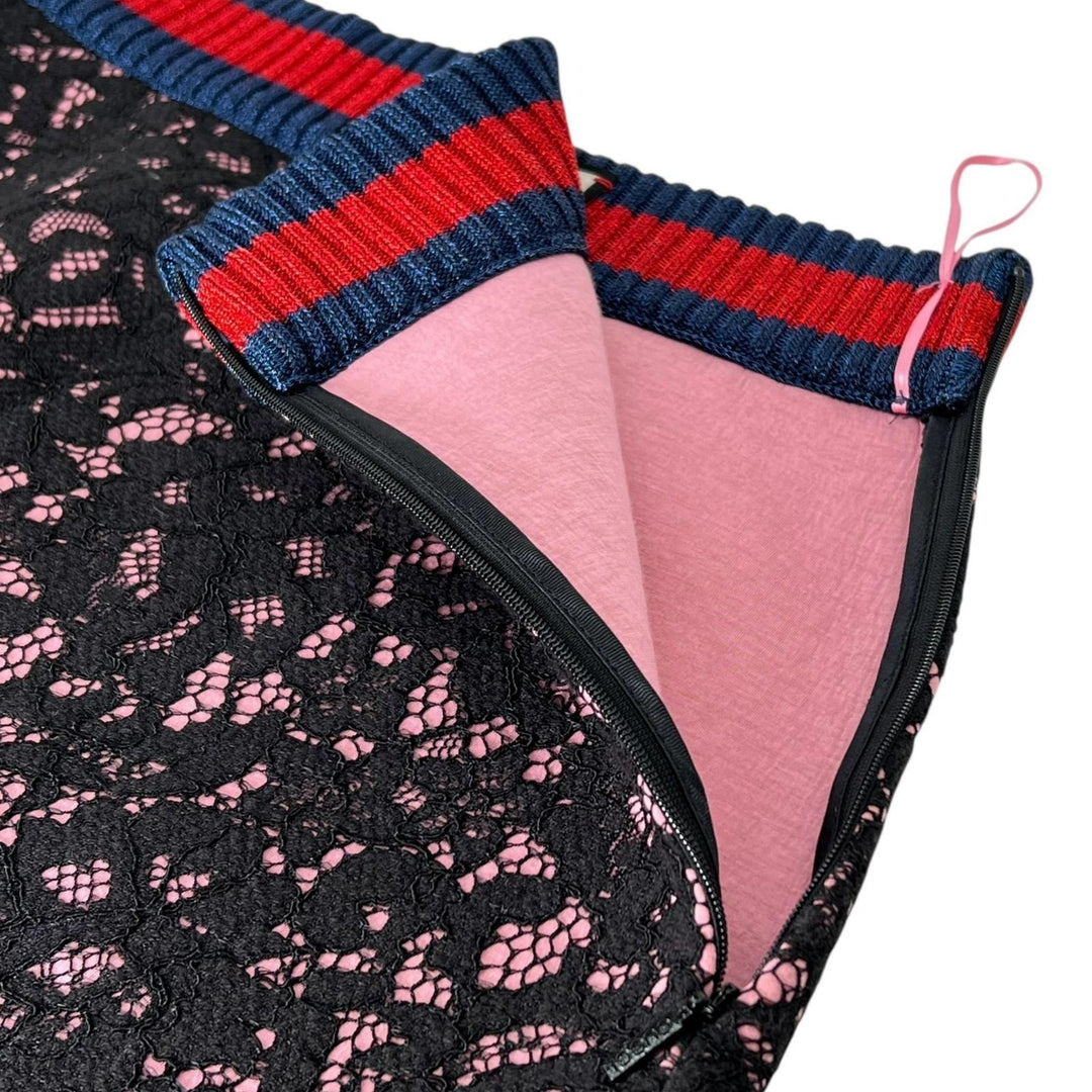 極美品▲GUCCI グッチ 457919 総レース シェリーライン 台形 膝丈 スカート ブラック ピンク S イタリア製 正規品 レディース