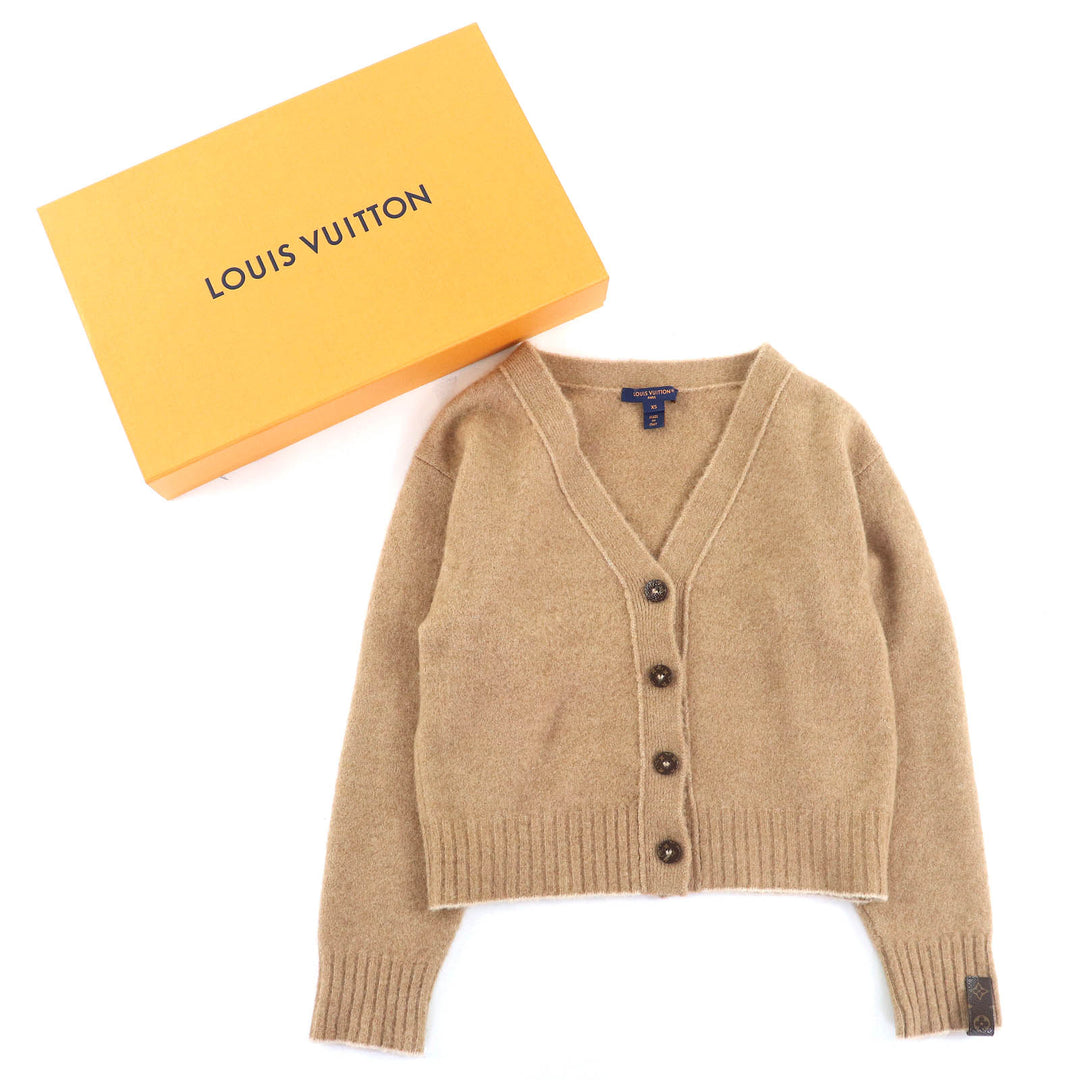 極美△LOUIS VUITTON ルイヴィトン 24SS FQKC13 ヤクウール シルク混 モノグラムボタン Vネック ニットカーディガン ブラウン XS 正規品