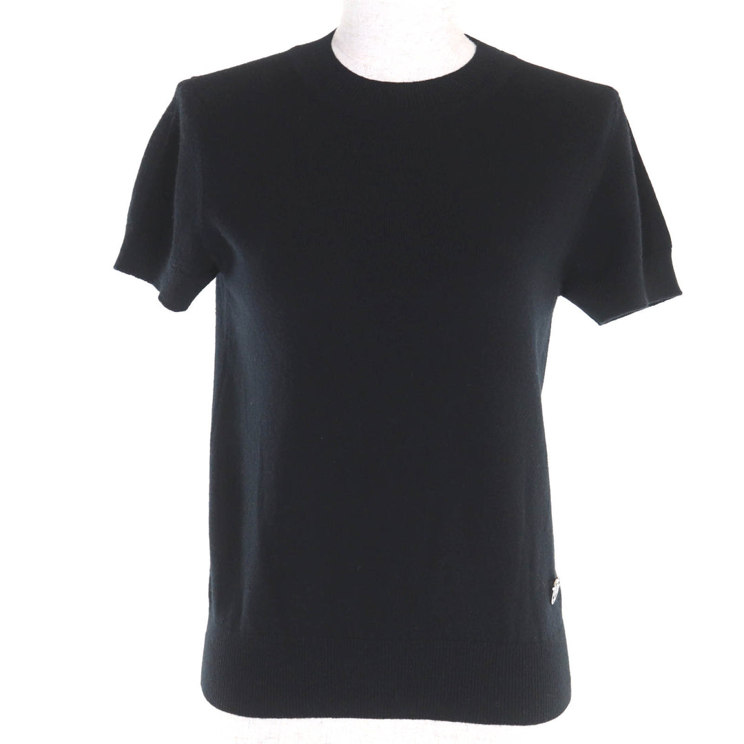 極美品◇HERMES エルメス カシミヤ100％ シルバー金具 Hリフト金具付き ショートスリーブ 半袖ニット 黒 36 英国製 正規品 レディース