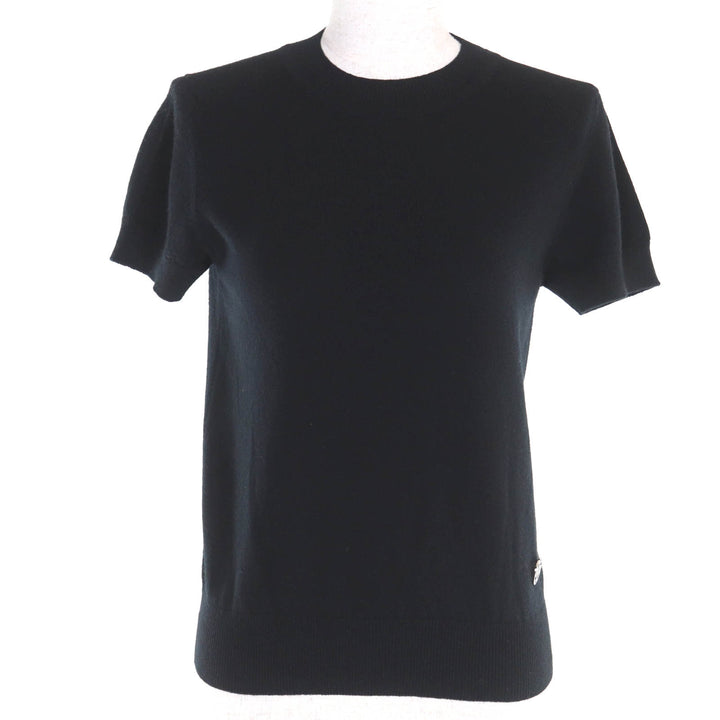 極美品◇HERMES エルメス カシミヤ100％ シルバー金具 Hリフト金具付き ショートスリーブ 半袖ニット 黒 36 英国製 正規品 レディース