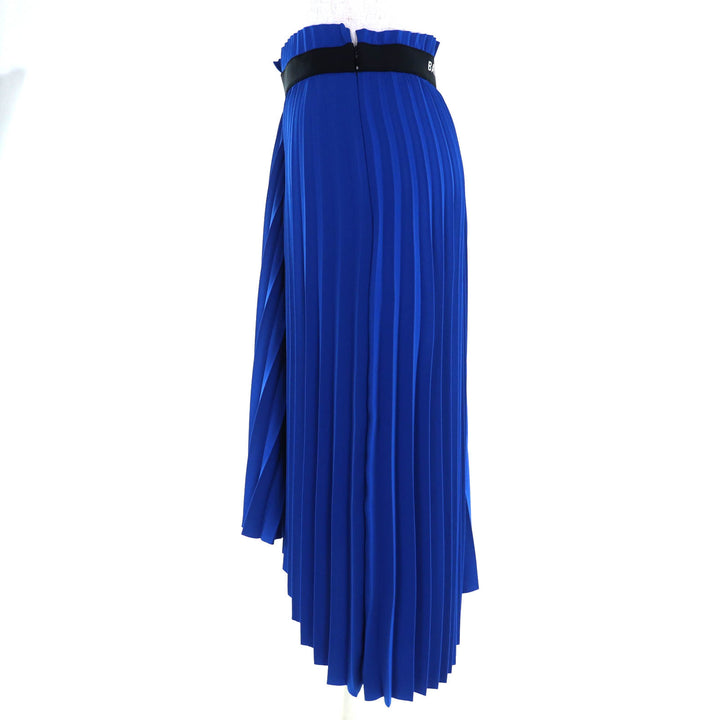 極美品◇BALENCIAGA バレンシアガ 529757 アシンメトリー バックロゴ カットオフ プリーツスカート 青 34 イタリア製 正規品 レディース