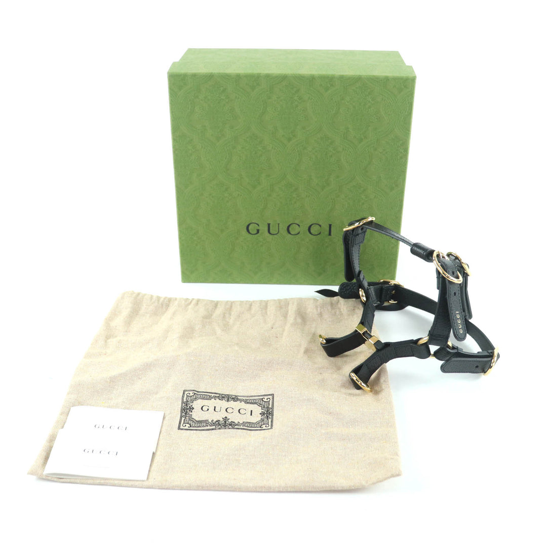 未使用品★GUCCI グッチ 692963 レザー インターロッキングG 犬用 胴輪 ハーネス ブラック ゴールド金具 S 箱・保存袋付き イタリア製
