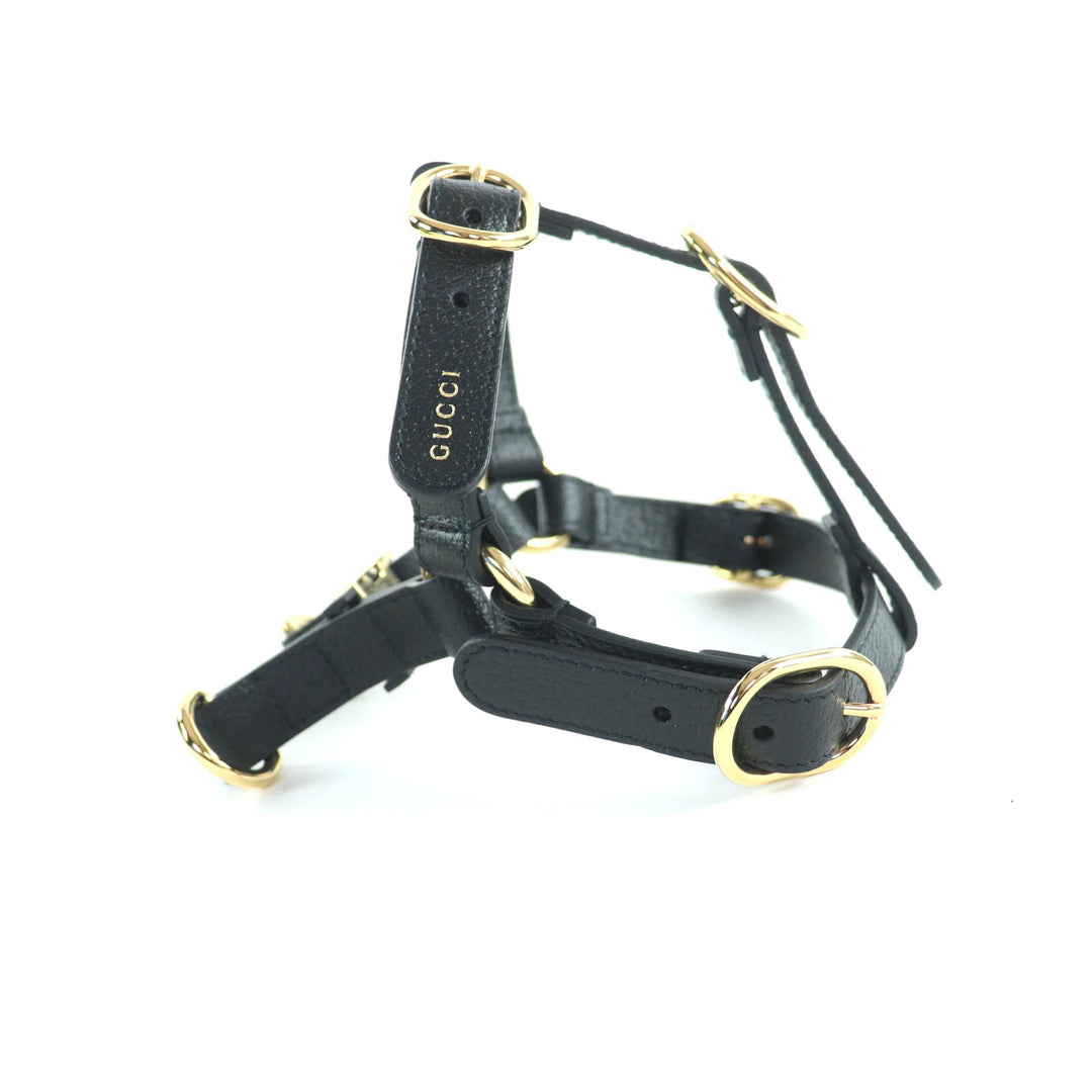 未使用品★GUCCI グッチ 692963 レザー インターロッキングG 犬用 胴輪 ハーネス ブラック ゴールド金具 S 箱・保存袋付き イタリア製