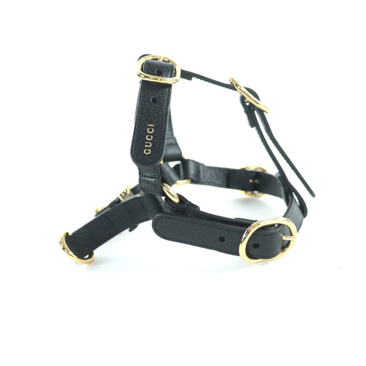 未使用品★GUCCI グッチ 692963 レザー インターロッキングG 犬用 胴輪 ハーネス ブラック ゴールド金具 S 箱・保存袋付き イタリア製
